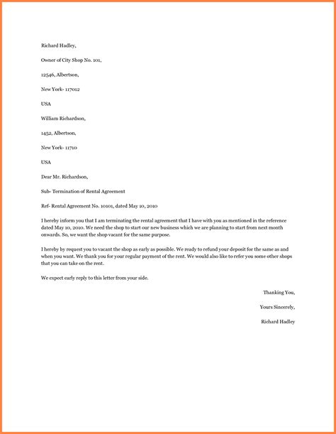 termination  rental agree
ment letter  tenant