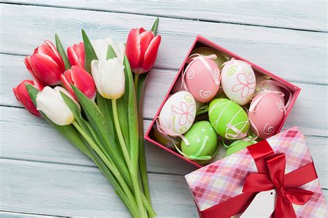 Photo Easter Egg Tulips Flowers Wicker Basket Bow Knot