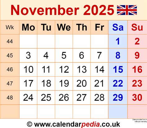 Calendar November 2025 Uk With Excel Word And Pdf Templates