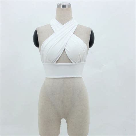 Women Strappy Cross Over Front Cut Out Halter Neck Sleeveless Backless Crop Top Bandage Women