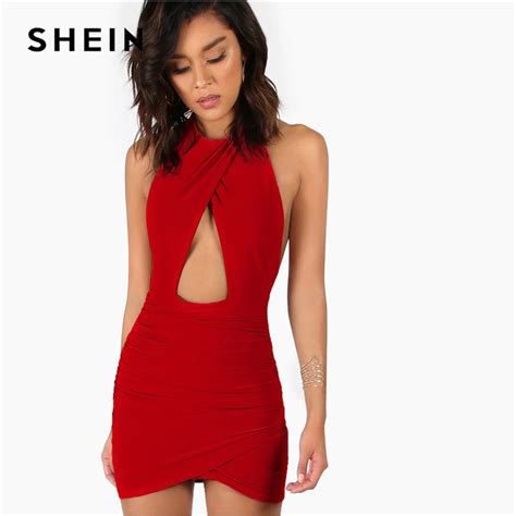 Shein Red Party Sexy Backless Ruched Peekaboo Sleeveless Halter Knot Solid Short Pencil Dress