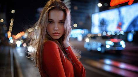 girl model is standing in blur lights bokeh background wearing red dress hd girls wallpapers