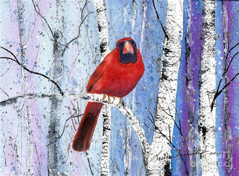 Cardinal In Winter Birch Trees Painting By Laura Tasheiko Pixels