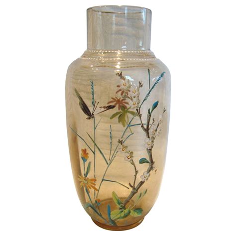 Bohemian Art Glass 7 58 Vase Pale Amber W Hand Enameled Butterfly