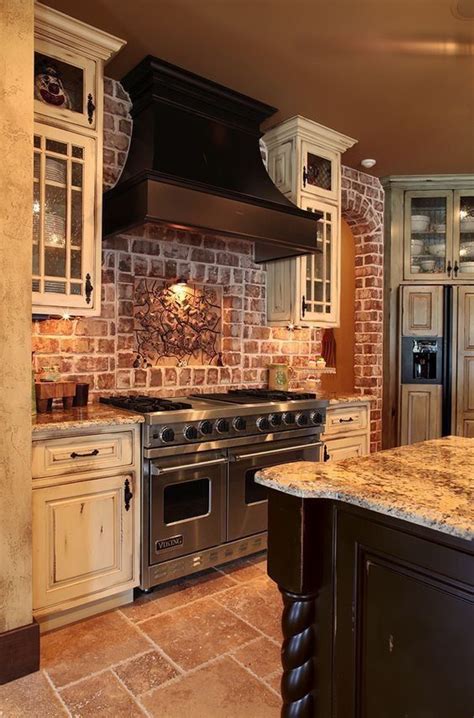 Country Kitchen With Accent Brick Backsplash Rustic Kitchen Rustic