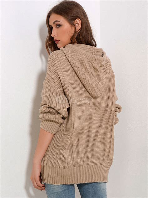 Women Hooded Sweater Long Sleeve Drawstring Knit Pullover Sweater