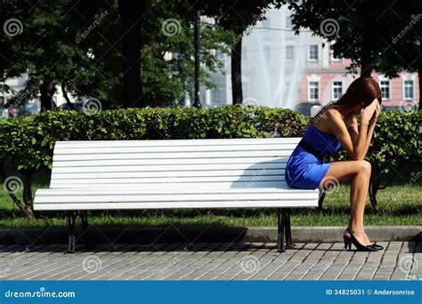 Sad Woman Sitting On Bench Stock Image Image Of Cute 34825031