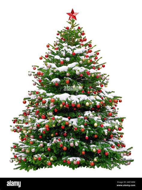 Beautiful Christmas Tree Decorated With Red Balls Snowy Christmas Tree