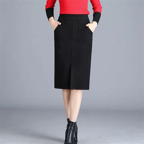 Autumn Winter Women Plus Size High Waist Woolen Skirts Slim Office Long Midi Skirt Step Pencil