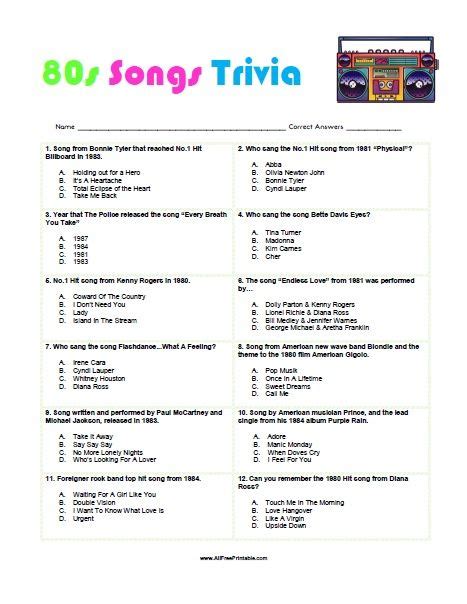 80s Songs Trivia Free Printable 80s Songs Fun Trivia Questions