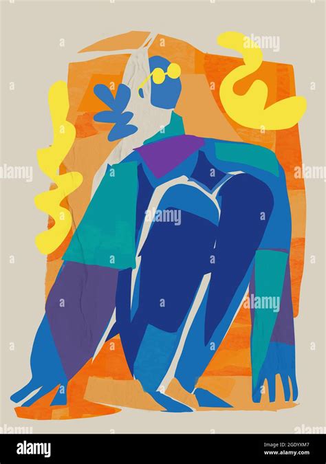 Mujer Azul Sentada Con Gafas De Sol Pintura Y Collage En Recortes Al
