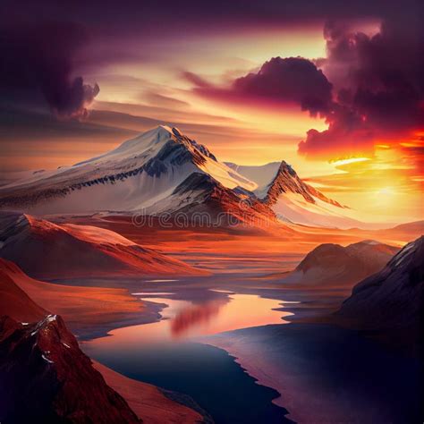Fantasy Landscape Of Waterfalls Mountains And River In Glowing Sunset