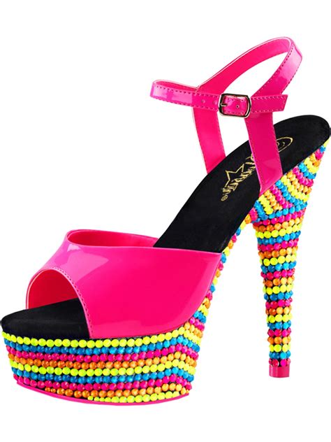 Summitfashions Womens Hot Pink Sandals Multi Color Stone Blacklight Shoes Platform 6 Inch Heel