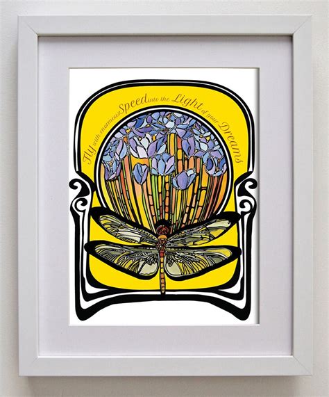 Dragonfly Art Print Inspirational Art Nouveau Yellow Home