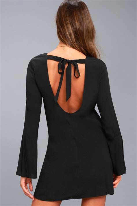 Cute Black Dress Long Sleeve Dress Backless Shift Dress