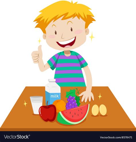 Little Boy And Healthy Food On Table Royalty Free Vector