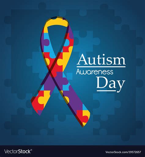 Autism Awareness Day Puzzle Shape Ribbon Blue Vector Image