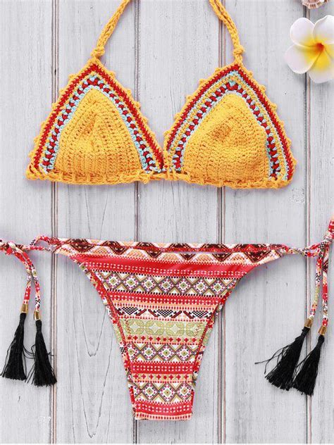 [14 off] 2021 geometric print crocheted bikini set in yellow zaful