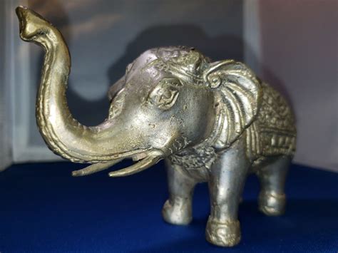 Vintage Elephant Trunk Up Statue Figurine Brass Tusks India