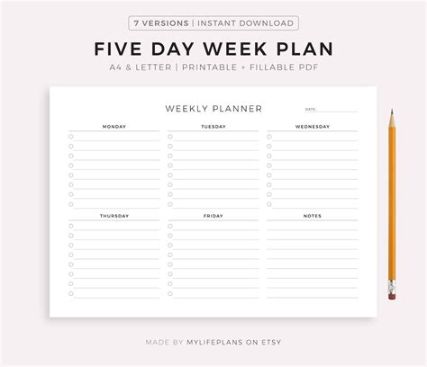 Five Day Weekly Planner Printable To Do List Weekly Schedule Week At