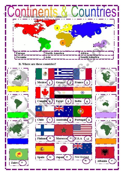 Continents And Countries Esl Worksheet By Liliaamalia