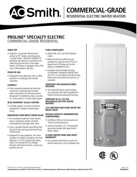Ao Smith Proline Specialty Electric Water Heater Spec Sheet