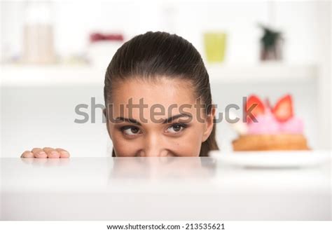 Funny Girl Hiding Behind Table Woman Stock Photo 213535621 Shutterstock