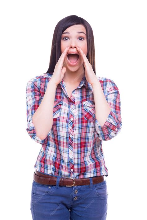 Premium Photo Sharing News With You Surprised Young Woman Shouting