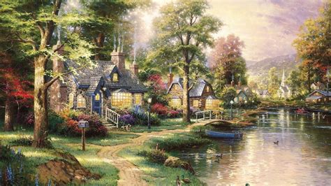 1920x1080 Painting Cottage Bridge Chimneys Snow Thomas Kinkade Stream