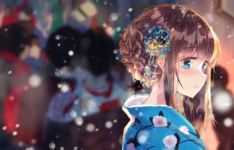Download 1926x1233 Anime Girl Brown Hair Kimono Snow Blue Eyes Profile View Wallpapers