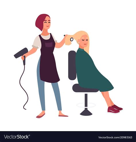 Female Hairdresser Blow Dry With Hairdryer Hair Of Her Smiling Client