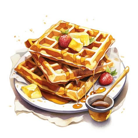 Realistic Waffles With Syrup And Cherry Illustrations Stock
