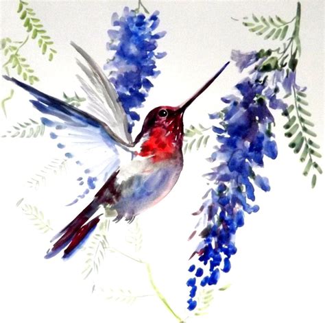 Hummingbird Original Watercolor Painting 12 X 12 In Blue
