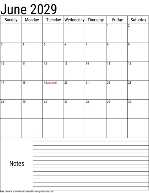 June 2029 Vertical Calendar With Notes And Holidays Handy Calendars