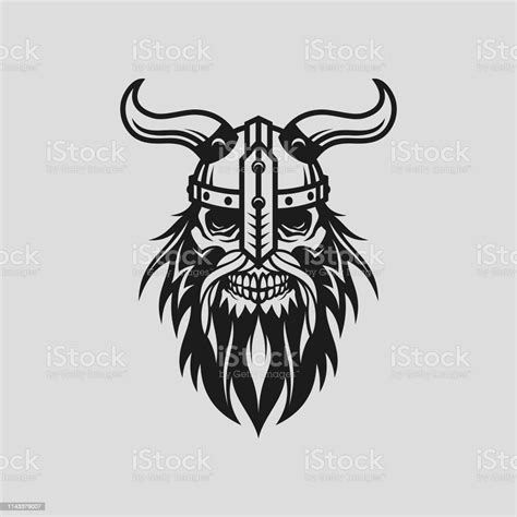 Viking Head Skull In Helmet With Horns Stylized Cut Out Vector