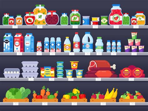Food Products On Shop Shelf Supermarket Shopping Shelves Food Store
