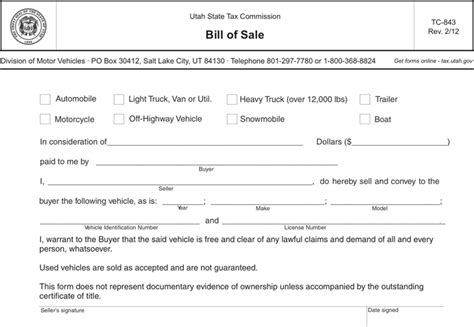 Free Utah Motor Vehicle Bill Of Sale Form Pdf 102kb 1 Pages