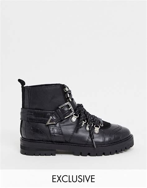 asra exclusive benji chunky flat hiker boots in black leather mix asos