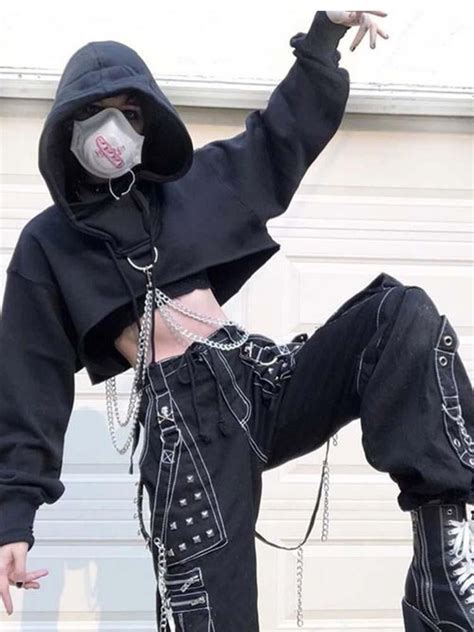 Gothic Chains Crop Hoodie Edgy Outfits Aesthetic Clothes Egirl Fashion