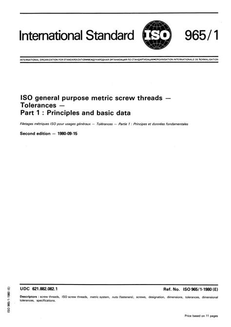 Iso 965 11980 Iso General Purpose Metric Screw Threads — Tolerances
