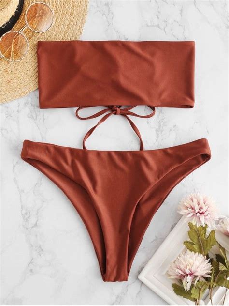 30 Off 2021 Zaful Lace Up Unlined Bandeau Bikini Set In Chestnut Red