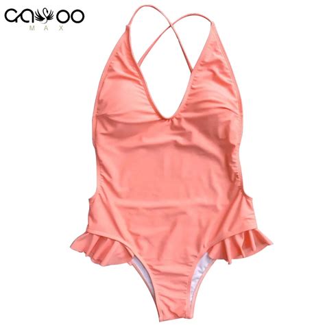2018 sexy pink ruffled frill trim one piece swimsuit v neck bather women swimwear female bathing