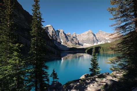 River Between Trees Near At Mountains Moraine Lake Canada Hd