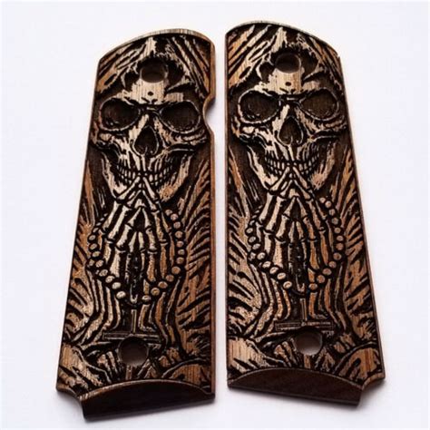1911 Full Size Custom Engraved Walnut Wood Grips Skull Grim Reaper
