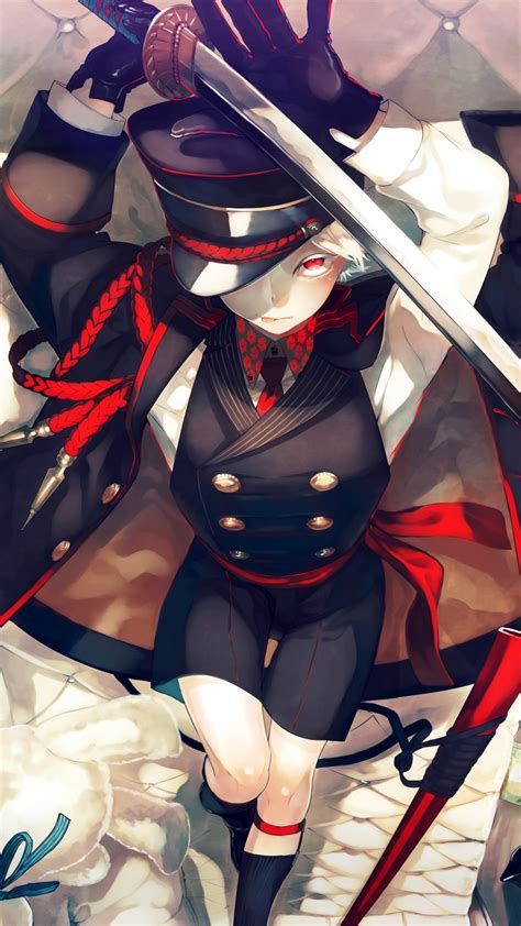 Download 1080x1920 Anime Boy Military Uniform Katana Red Eyes Coat Wallpapers For Iphone 8