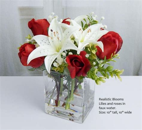 Red White Silk Rose Roses Lily Lilies Glass Vase Faux Etsy In 2021