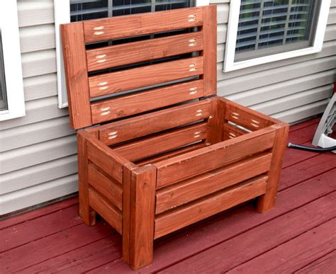 Build this bench using 1×10, 1×3, and with 3/4 plywood. Diy Rustic Outdoor Storage Bench by Sean | SimpleCove