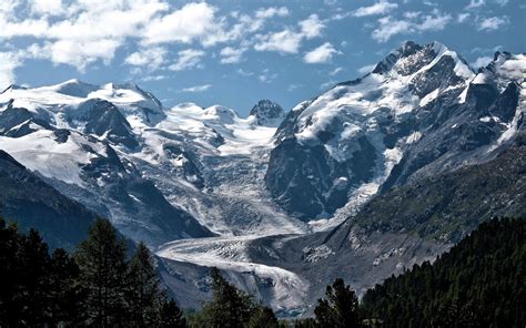 Nature Mountains Glacier Ice Snow Peaks Trees Forest Sky Clouds Scenic