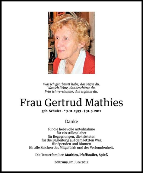 Todesanzeigen Von Gertrud Mathies Todesanzeigen Vorarlberger Nachrichten
