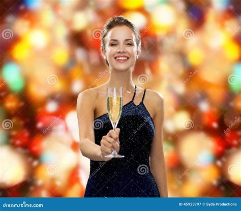 Smiling Woman Holding Glass Of Sparkling Wine Stock Image Image Of Evening Holding 45923797